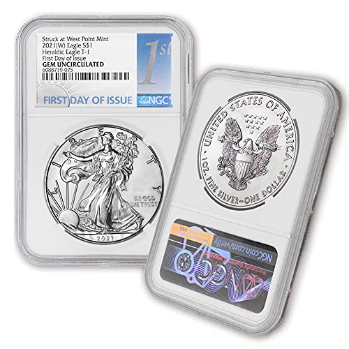 2021 (W) 1 унция на американския сребро, скъпоценни камъни Орел в необращенном формата (Хералдически орел T-1 - Първият ден на издаване - отчеканен в Уест Пойнт) от CoinFolio з?