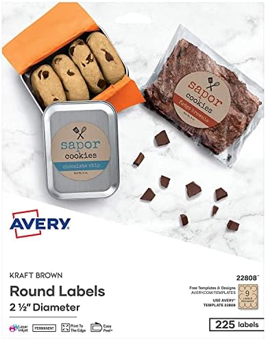 Кръгли етикети Avery 2,5 инча - Производство на домашно приготвени на етикети за консерви, подаръци и благодарственных бирок, 225 крафт-кафяви етикети (22808)