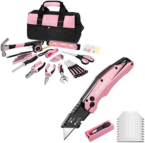 Розов комплект инструменти WORKPRO, женски Набор от инструменти за ремонт на дома от 106 предмети с широката чанта за съхранение и Розов Сгъваем