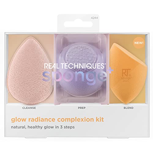 Подходящи Real Techniques + Смесители за грим Beauty, определени Glow Radiance Кожа, за почистване на лицето, тонер и основи, с добавянето