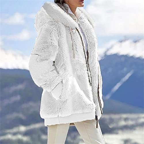 Дамски Руното яке с качулка от изкуствена кожа, Пухкави якета с цип, Модно Дамско Зимно палто 2022 г. (Средно -, син-B)