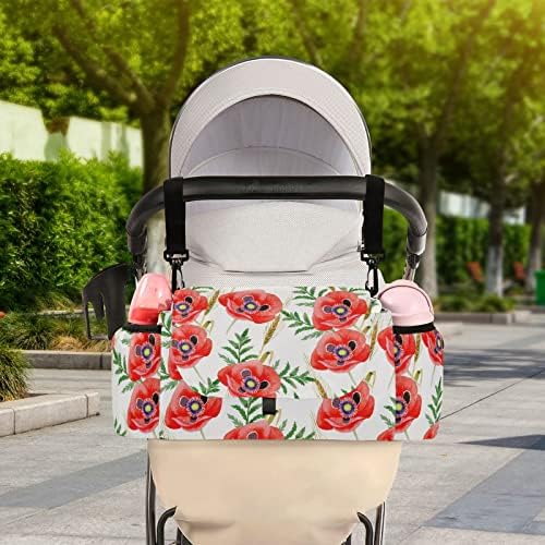 Чанта Органайзер за детска количка CaTaKu Wildflower Poppy Flower, Универсална Чанта за Аксесоари за колички с 2 Подстаканниками, Голяма