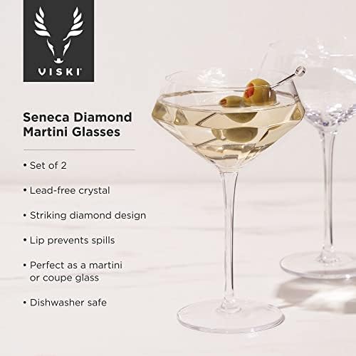Чаши за мартини Viski Seneca с диаманти - Чаши за Мартини от Граненого кристал На крака за коктейли - Комплект от 2 чаши за мартини обем 11 грама