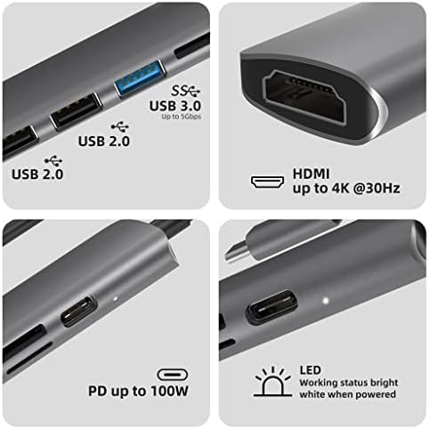 ZSEDP USB 3.1 Type-C към адаптер 4K C USB Hub с възел 3.0 2.0 TF Слот за SD четец на PD за C USB Сплитер (Цвят: сив)
