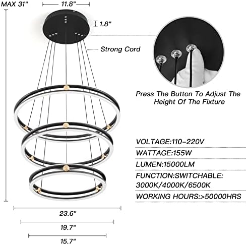 Модерна led полилей ОХ-AA с регулируема яркост, Модерен окачен лампата на 3-пръстени, лесен за инсталиране, за да спални, хол,