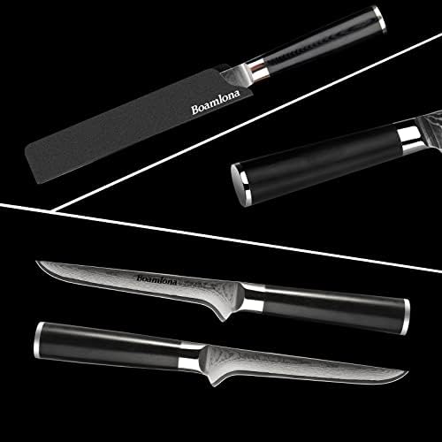 Разделочный нож BOAMLONA - 5.5 инча - Дамаск - Японската коване от тежка рамка от стомана VG10 - Черна ръкохватка G10, Сабя и Калъф