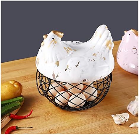 Кошница за съхранение на яйцата от метална жица SEFAX, Декоративен Държач за Пресни Яйца с Керамичен капак във формата на Пиле,