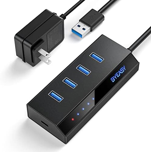 USB hub с храненето от BYEASY, 5-портов хъб USB 3.0 с 4 порта за пренос на данни USB 3.0 и 1 порт за зареждане на интелектуална Type-C, USB сплитер с адаптер на захранване 5v /3, съвместим е