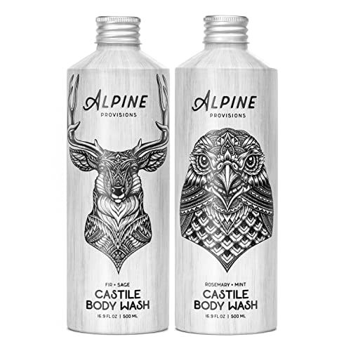 Препарат за измиване на тялото Alpine Provisions Castile на растителна основа, Ела + градински чай и розмарин + Мента, алуминиева бутилка без пластмаса обем 16,9 течни унции, разн?
