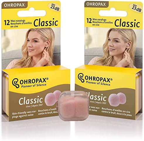 2 Опаковки Многократно восъчни / памучни затычек за уши Ohropax (общо 24 тапи за уши) с прозрачен калъф за носене