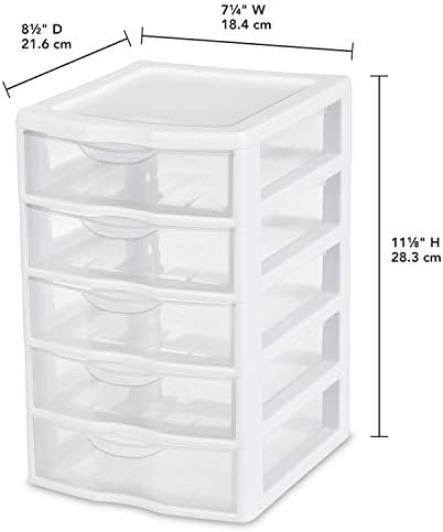 Sterilite 20758004 Малък Блок с 5 чекмеджета, Бяла Рамка с прозрачни чекмеджета, 4 опаковки