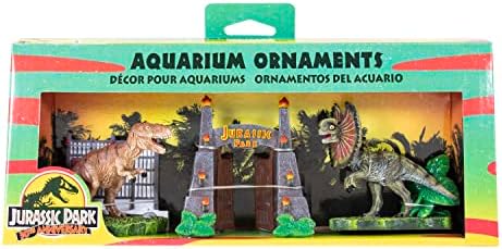 Официално лицензиран набор от бижута за аквариум Penn-Plax Jurassic Park 3 позиции – Включва гейт парк Тираннозавра и декорации за Дилофозавра – Малко