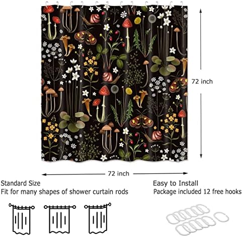 Завеса за душ Emwnodti в Ретро стил с Гъби за Баня, на Приказни Горски Цветя, Растения, на Черен Фон, Завеси за Баня, Реколта Завеси за Душ от Ботанически Плат с Куки 72 x 72