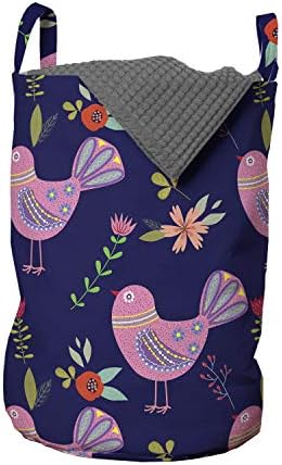 Ботаническата чанта за дрехи Ambesonne, Композиция от Декоративни птици, Цветя и Клони в народен стил, Кошница за дрехи с дръжки, закрывающаяся