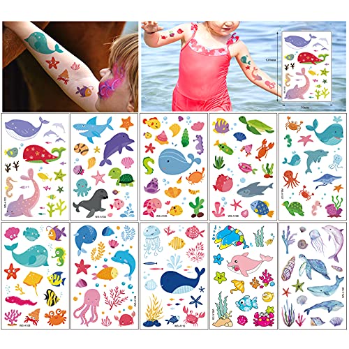 Забавни Временни татуировки за деца, 160 бр. Мультяшные Татуировка във формата на Морски животни и Риби (10 листа) Водоустойчив Сладки