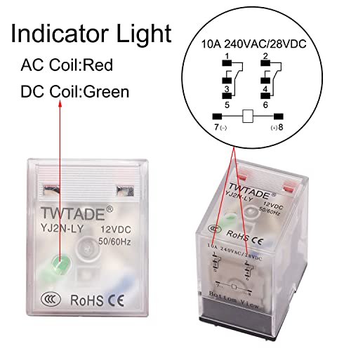 TWTADE/YJ2N-LY Релета електромагнитни бобини захранване dc 12v 10A 8 контакти 2NO 2NC с индикаторна лампа и основание за контакти
